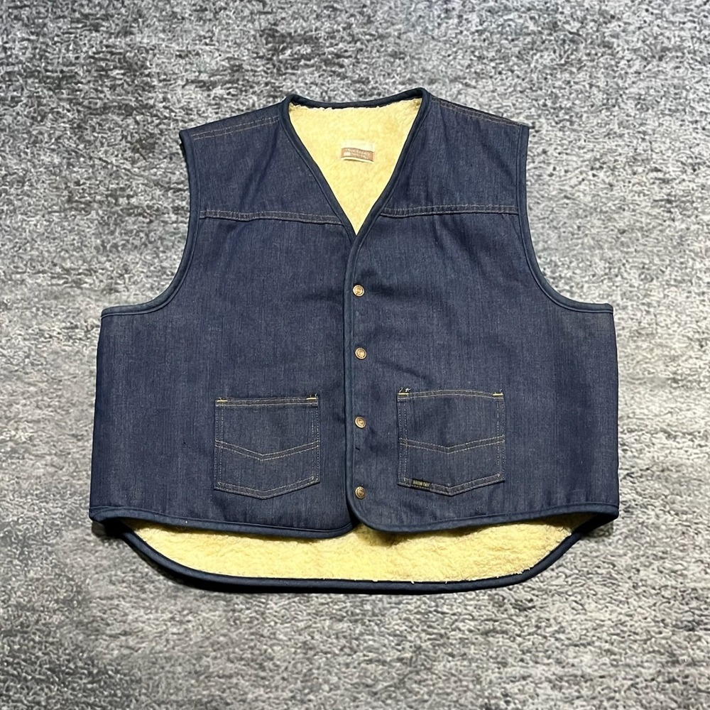 Vintage‎ Sears Roebucks Western Wear Denim Vest Mens XL Blue Sherpa Lined Fleece